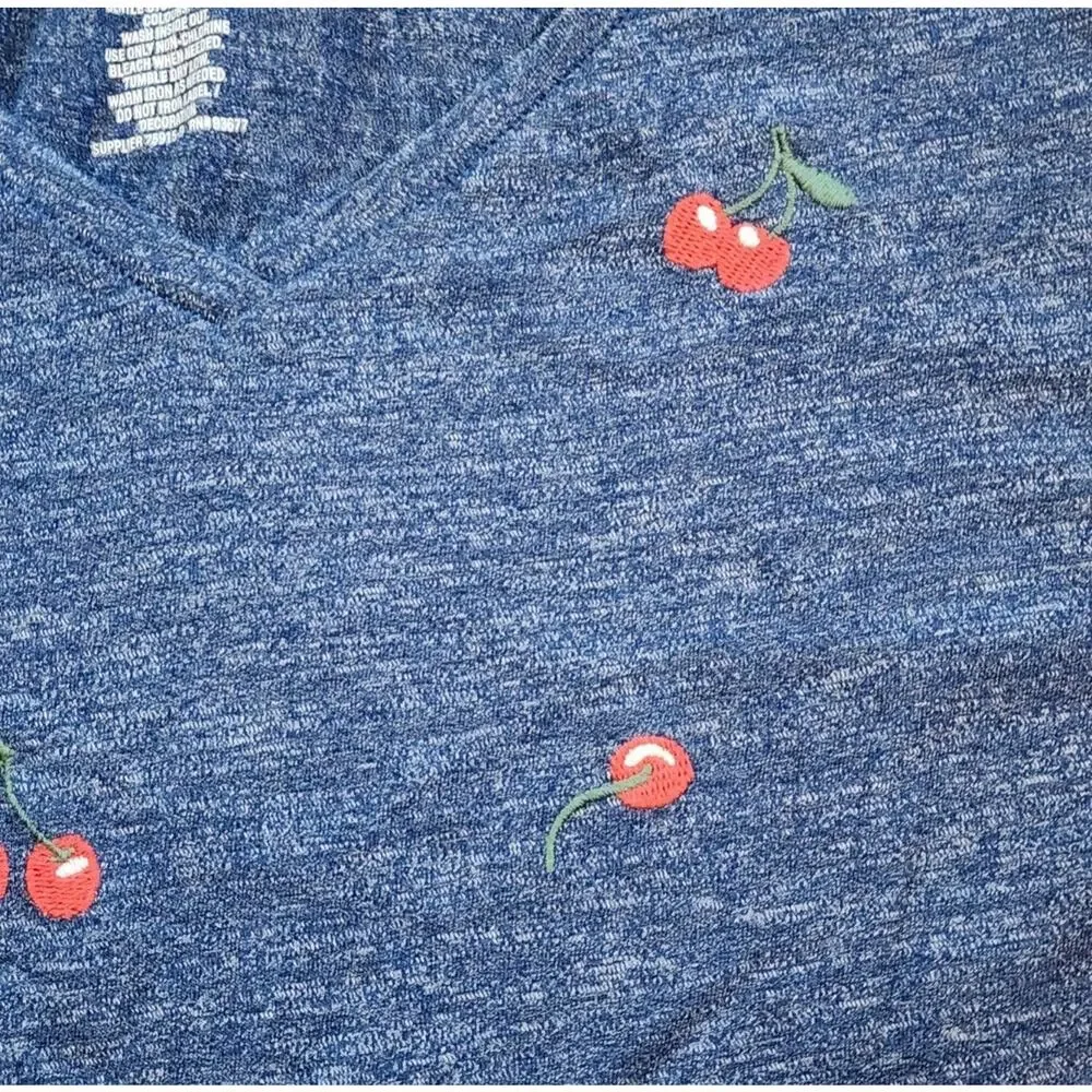 St Johns Bay Womens V-Neck Tee Size XL Blue Embroidered Cherries Short Sleeve